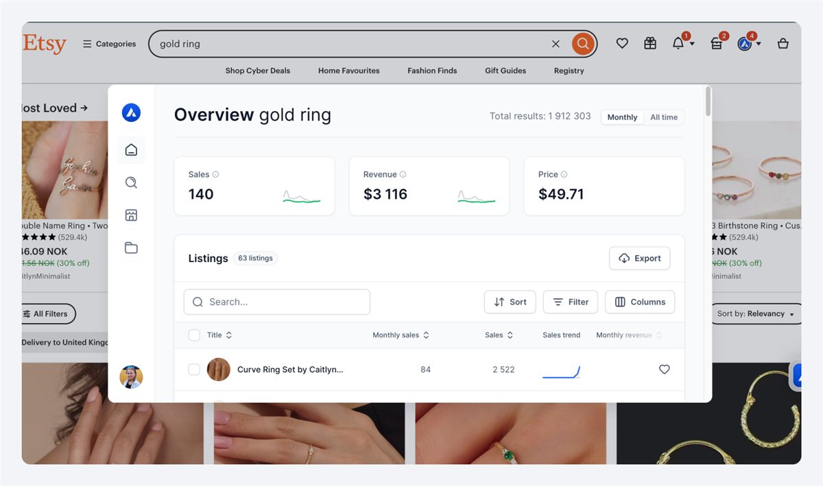 Alura Chrome extension panel over Etsy search results: keyword-level sales, revenue and average price cards, plus a listings table with monthly sales and sales trends