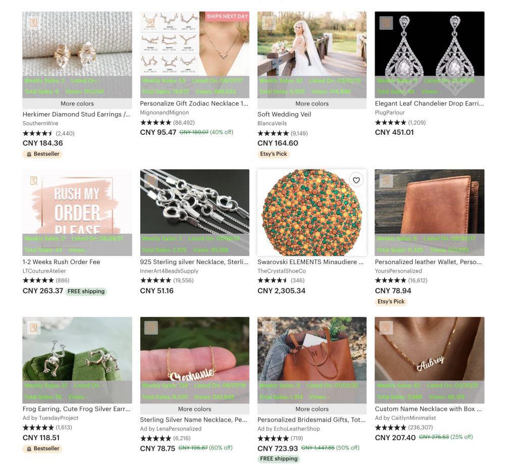 EHunt Etsy Rank extension overlaying Etsy search results with weekly sales, total sales, views and listed-on dates for every listing