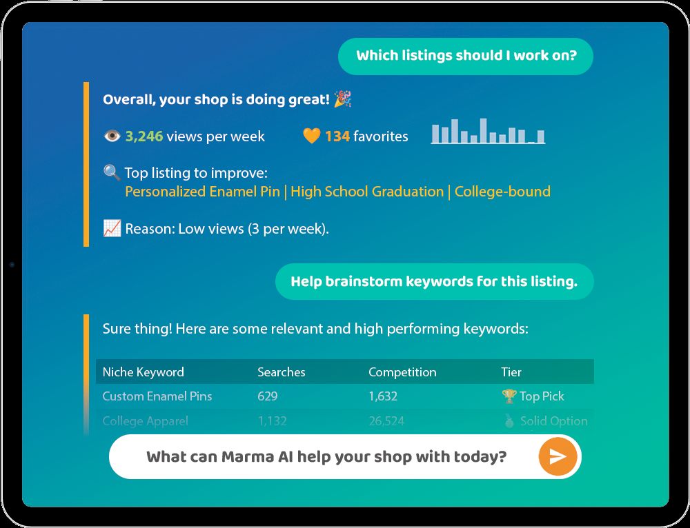 Marmalead Marma AI chat: a shop question, shop stats with weekly views and favorites, and a keyword suggestions table with searches, competition and tiers